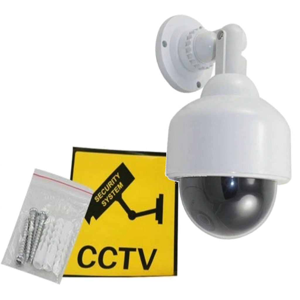 2 x Speed Dome Kameras Attrappen mit Objektiv, Blink LED und Warnaufkleber